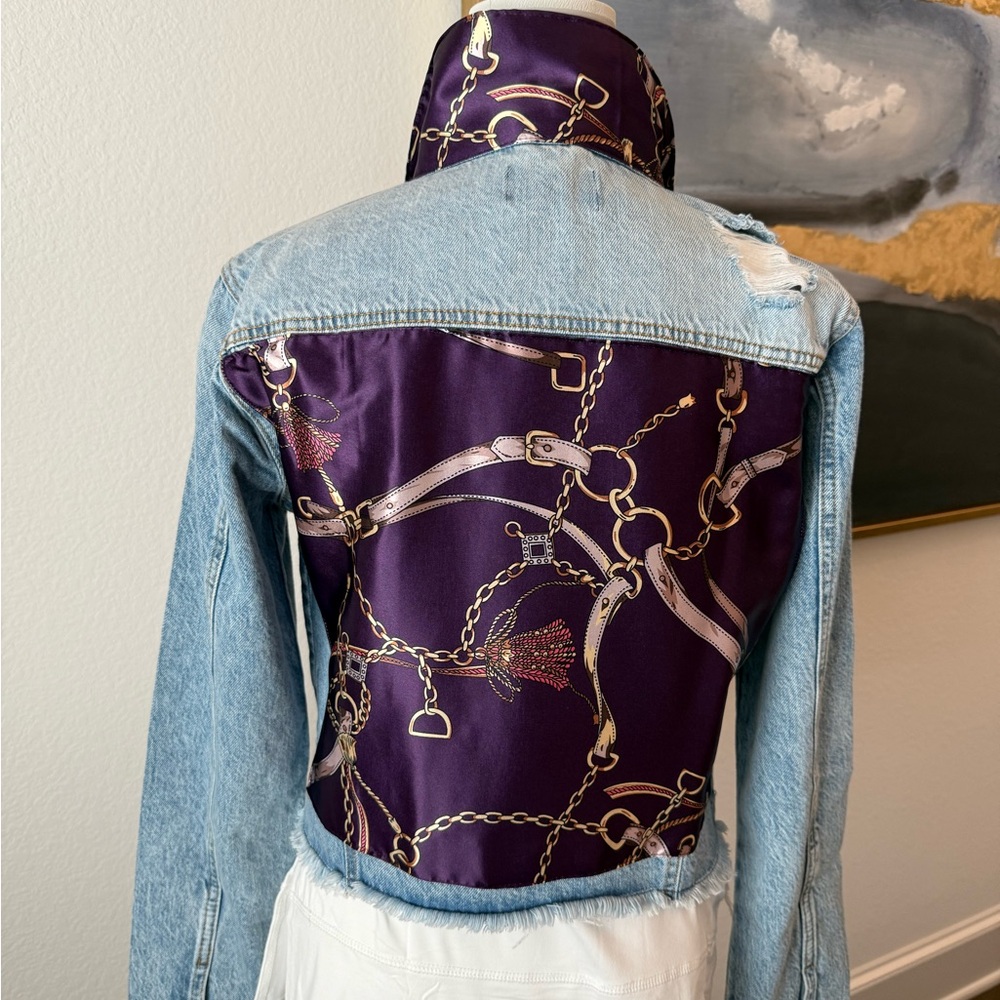 Denim and Purple Chain Silk Scarf Embellished Jacket